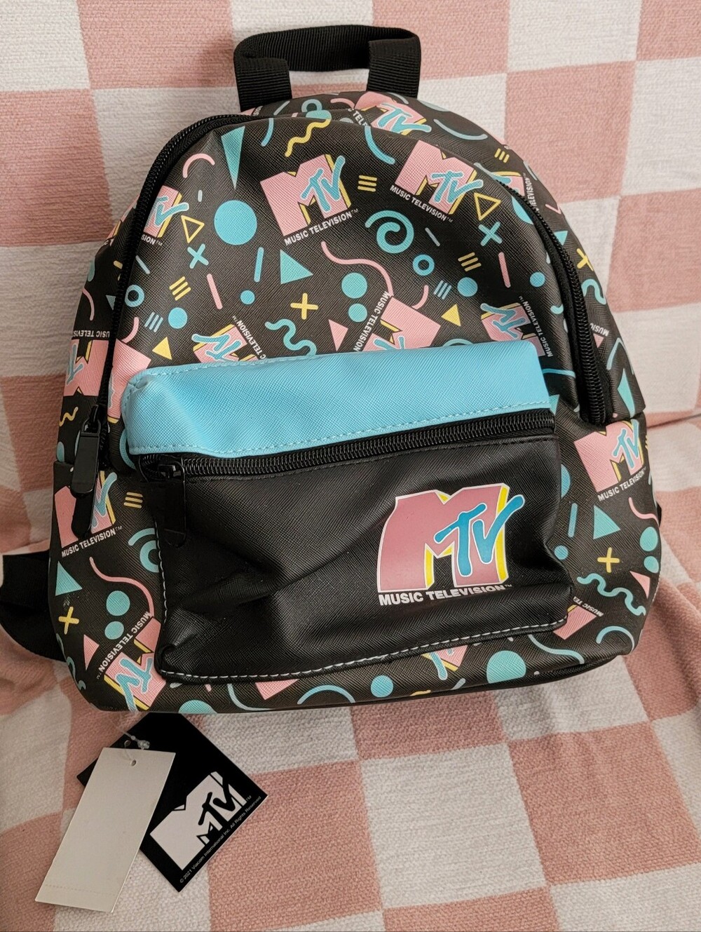 MTV Mini Backpack - Bioworld Faux Leather Black 11.5"  Purse New with tag Retro